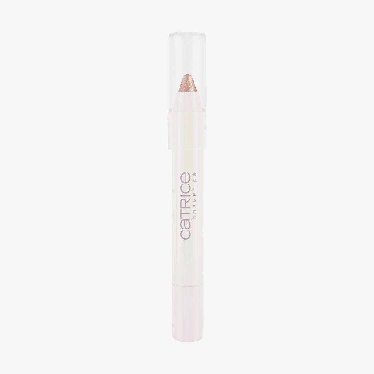 Ein weißer PEARLFECTION Eyeshadow Stick Stoppapearl von Catrice Cosmetics in schimmerndem Roségold mit transparentem Deckel.