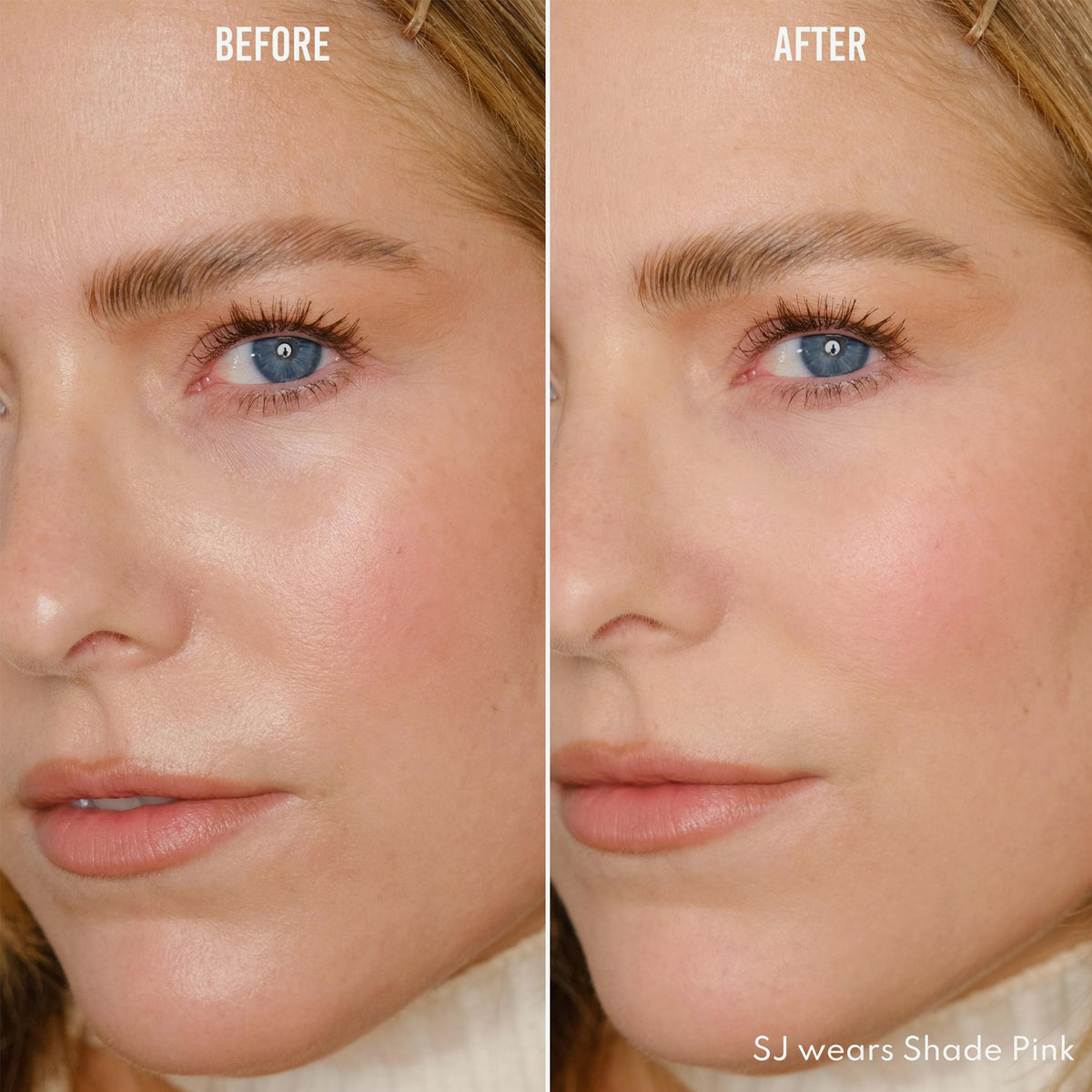 Nahaufnahme des Gesichts einer Frau vor und nach der Verwendung von Evolution Powder. Das Ergebnis zeigt glattere ebenmäßige Haut.