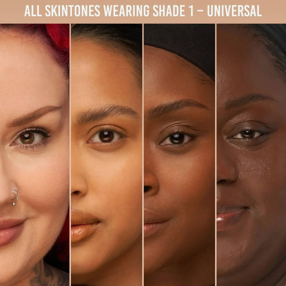 Vier Frauen mit unterschiedlichen Hauttönen, jede trägt Evolution Powder im Farbton 1 – Universal.