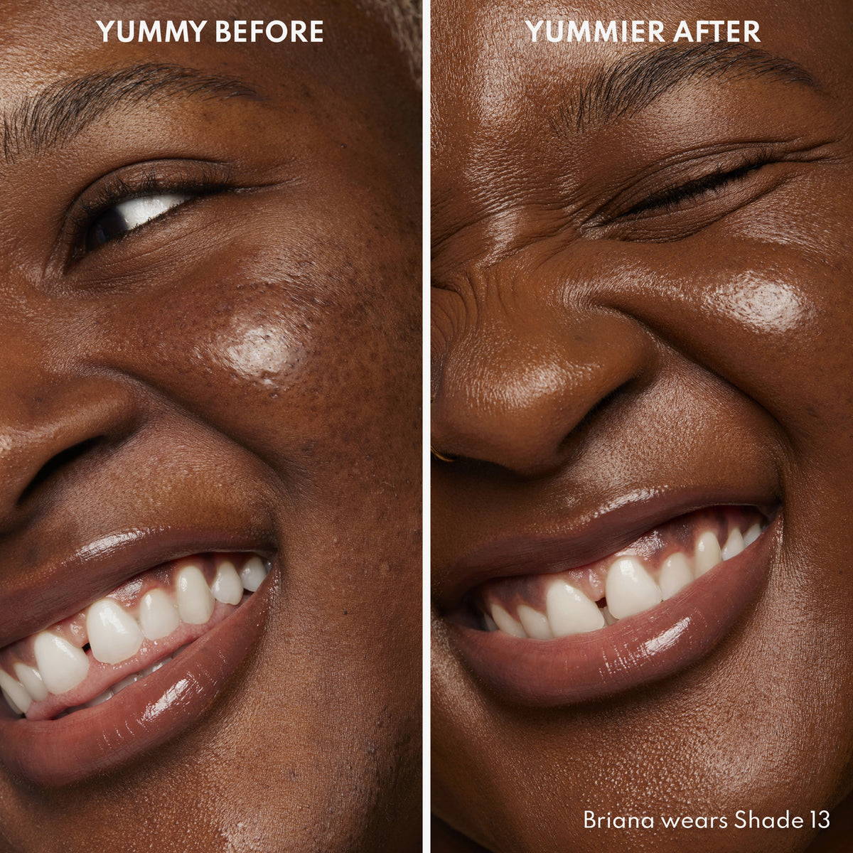Vorher-Nachher-Bild einer Frau mit dunklem Hautton nach Anwendung des Yummy Skin Serum Tint 13 – sichtbar ebenmäßiger Teint.
