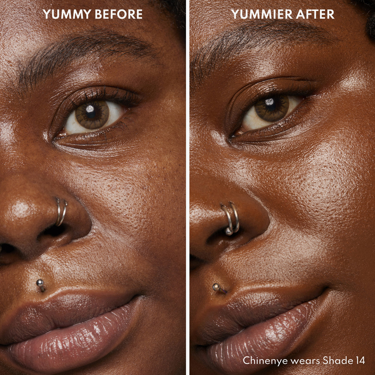 Vorher-Nachher-Bild einer Frau mit dunklem Hautton nach Anwendung des Yummy Skin Serum Tint 14 – sichtbar ebenmäßiger Teint.