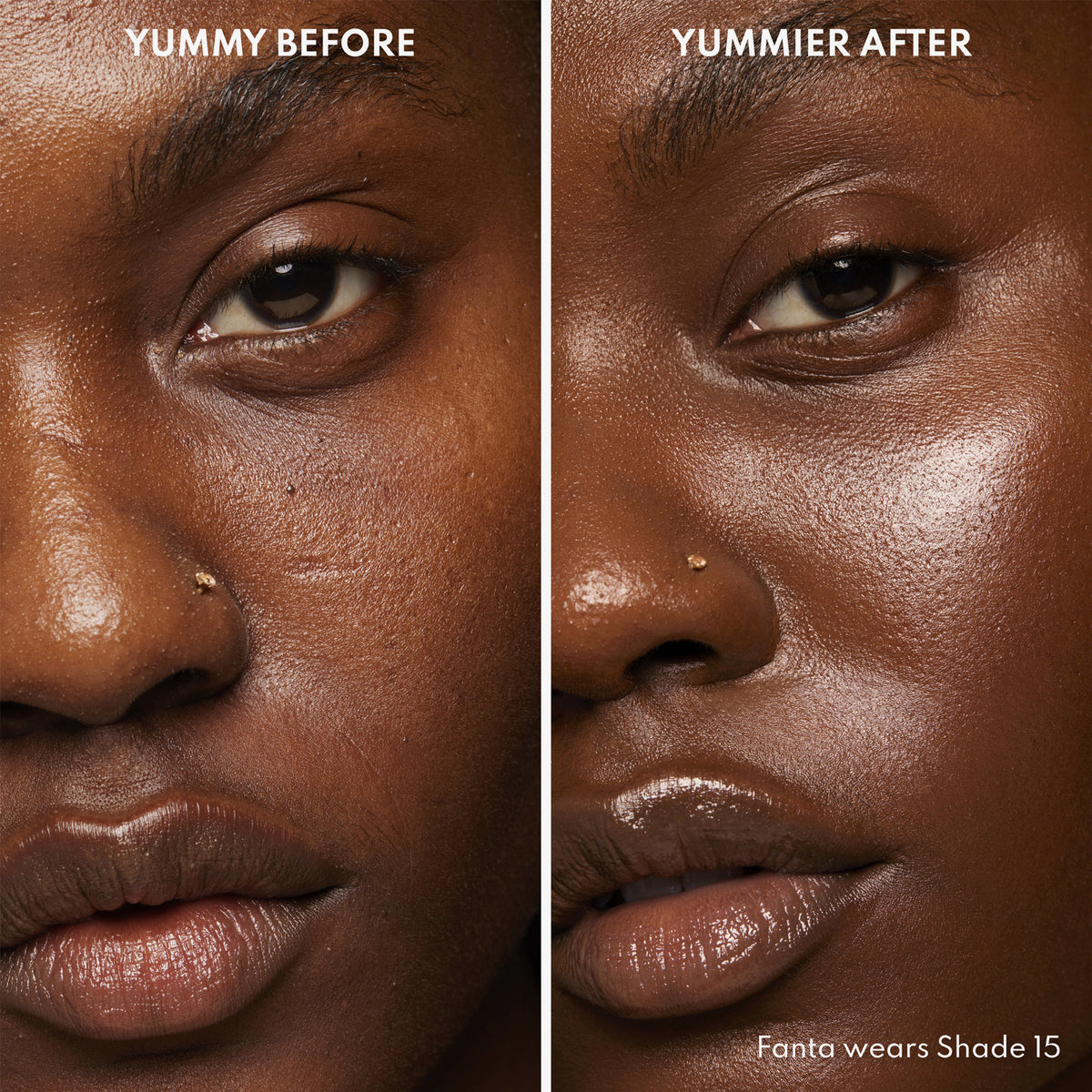 Vorher-Nachher-Bild einer Frau mit dunklem Hautton nach Anwendung des Yummy Skin Serum Tint 15 – sichtbar ebenmäßiger Teint.