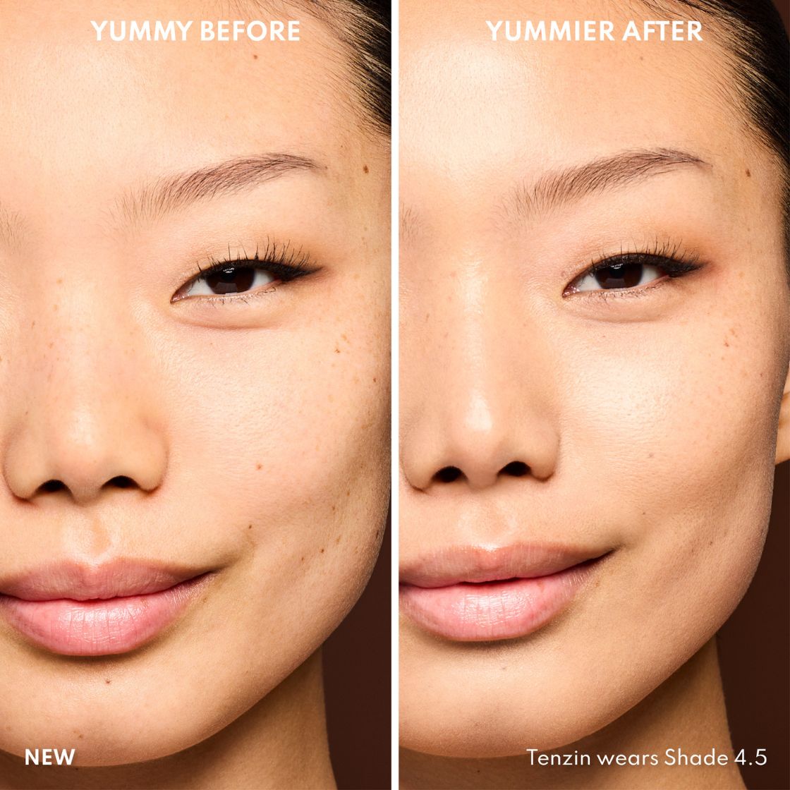 Vorher-Nachher-Bild einer Frau mit hellem bis mittlerem Hautton nach Anwendung des Yummy Skin Serum Tint 4.5 – sichtbar ebenmäßiger Teint.