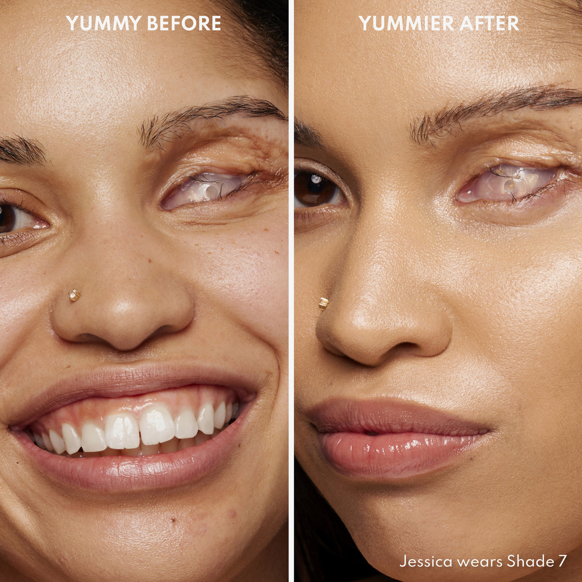 Vorher-Nachher-Bild einer Frau mit mittlerem Hautton nach Anwendung des Yummy Skin Serum Tint 7 – sichtbar ebenmäßiger Teint.