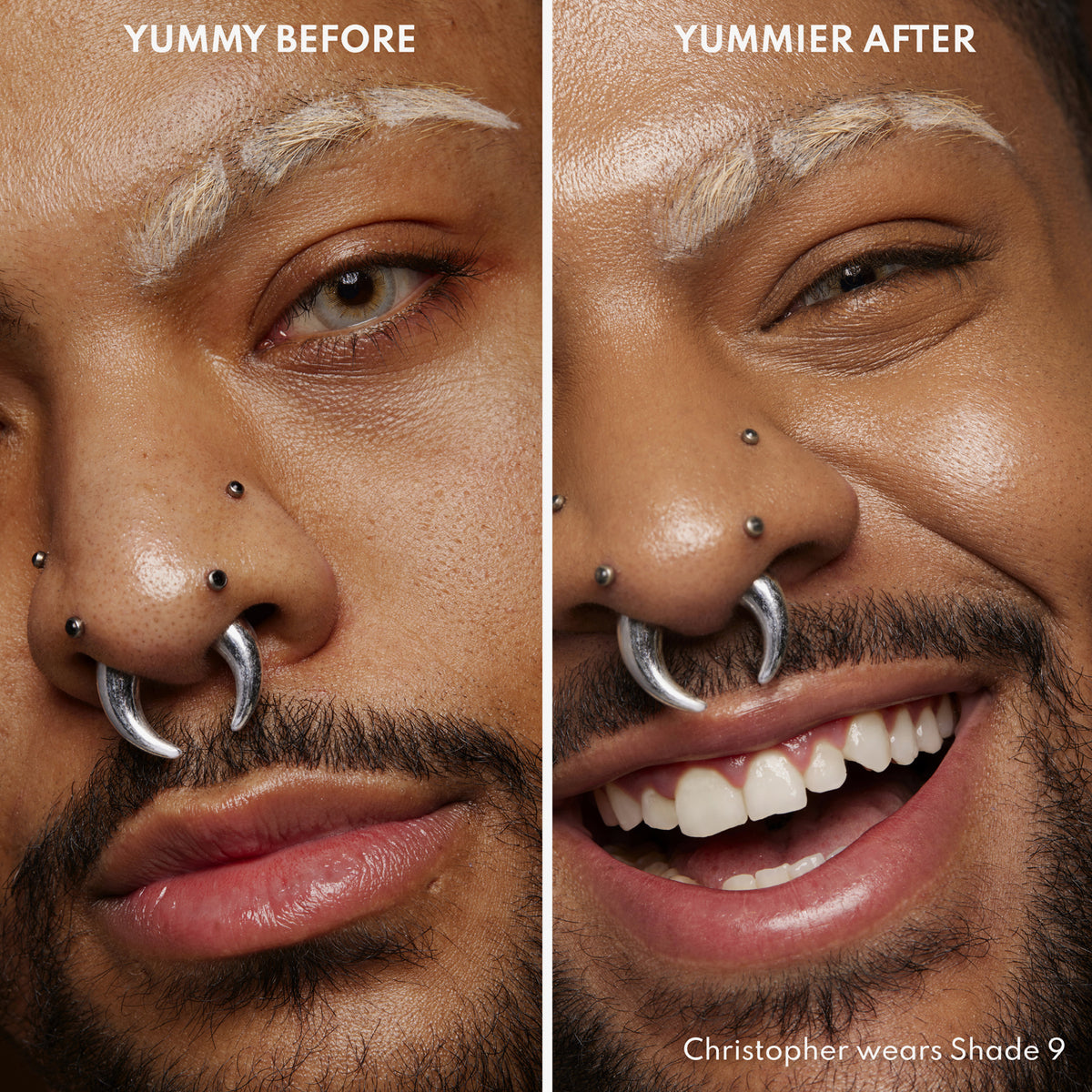 Vorher-Nachher-Bild einer Person mit mittlerem bis dunklem Hautton nach Anwendung des Yummy Skin Serum Tint 9 – sichtbar ebenmäßiger Teint.