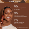Ergebnisse der klinischen Studie zum Yummy Skin Serum Tint; daneben eine lächelnde Frau mit Hijab und Tube in der Hand.