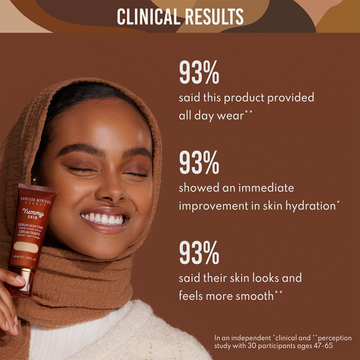Ergebnisse der klinischen Studie zum Yummy Skin Serum Tint; daneben eine lächelnde Frau mit Hijab und Tube in der Hand.