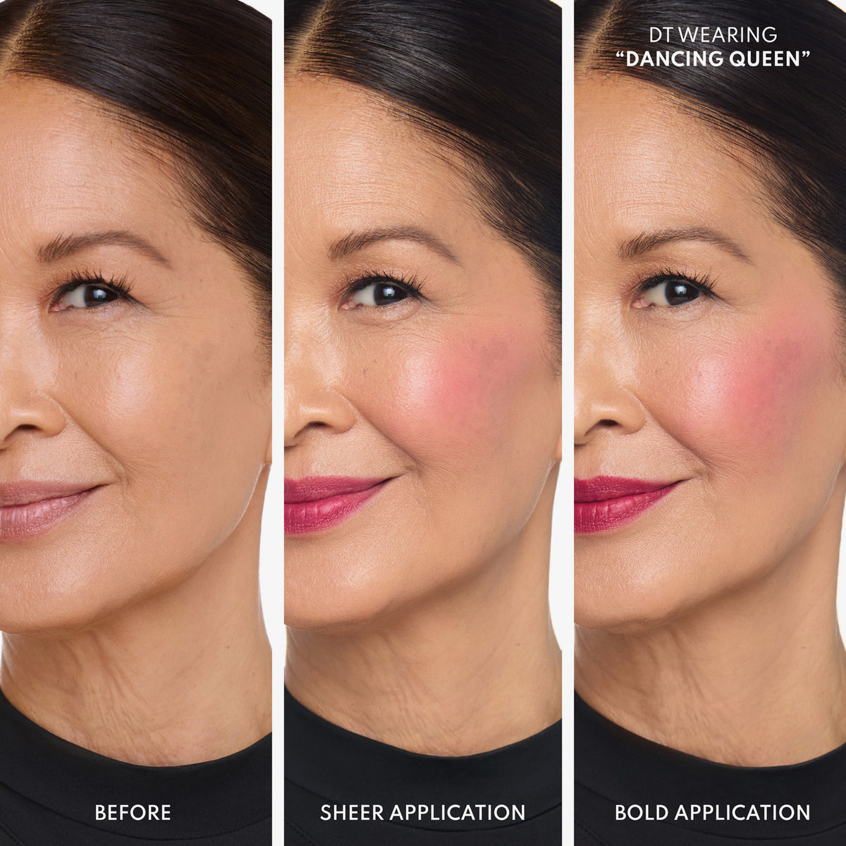 Frau trägt Blush in der Farbe ‚Dancing Queen‘ – ungeschminkt, leicht aufgetragen und intensiv aufgetragen im Vergleich.