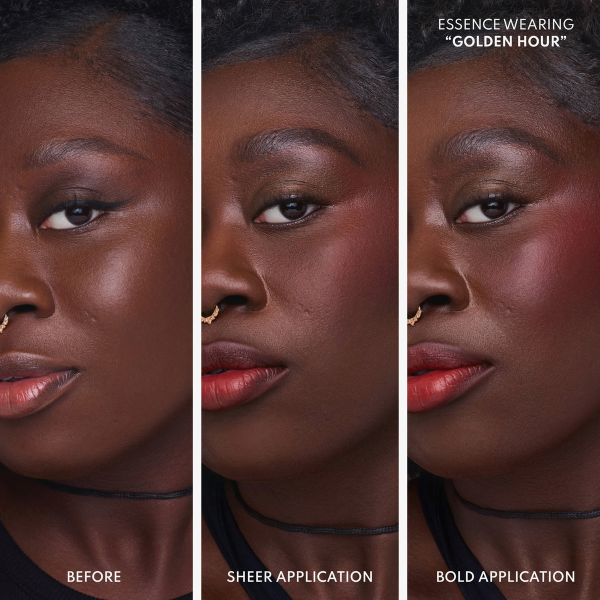 Frau trägt Blush in der Farbe ‚Golden Hour‘ – ungeschminkt, leicht aufgetragen und intensiv aufgetragen im Vergleich.