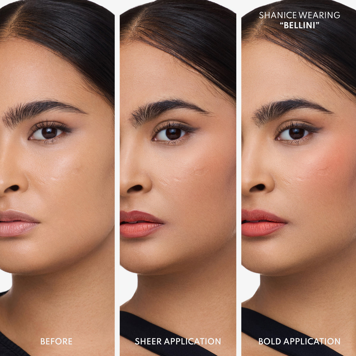 Frau trägt Blush in der Farbe ‚Bellini‘ – ungeschminkt, leicht aufgetragen und intensiv aufgetragen im Vergleich.