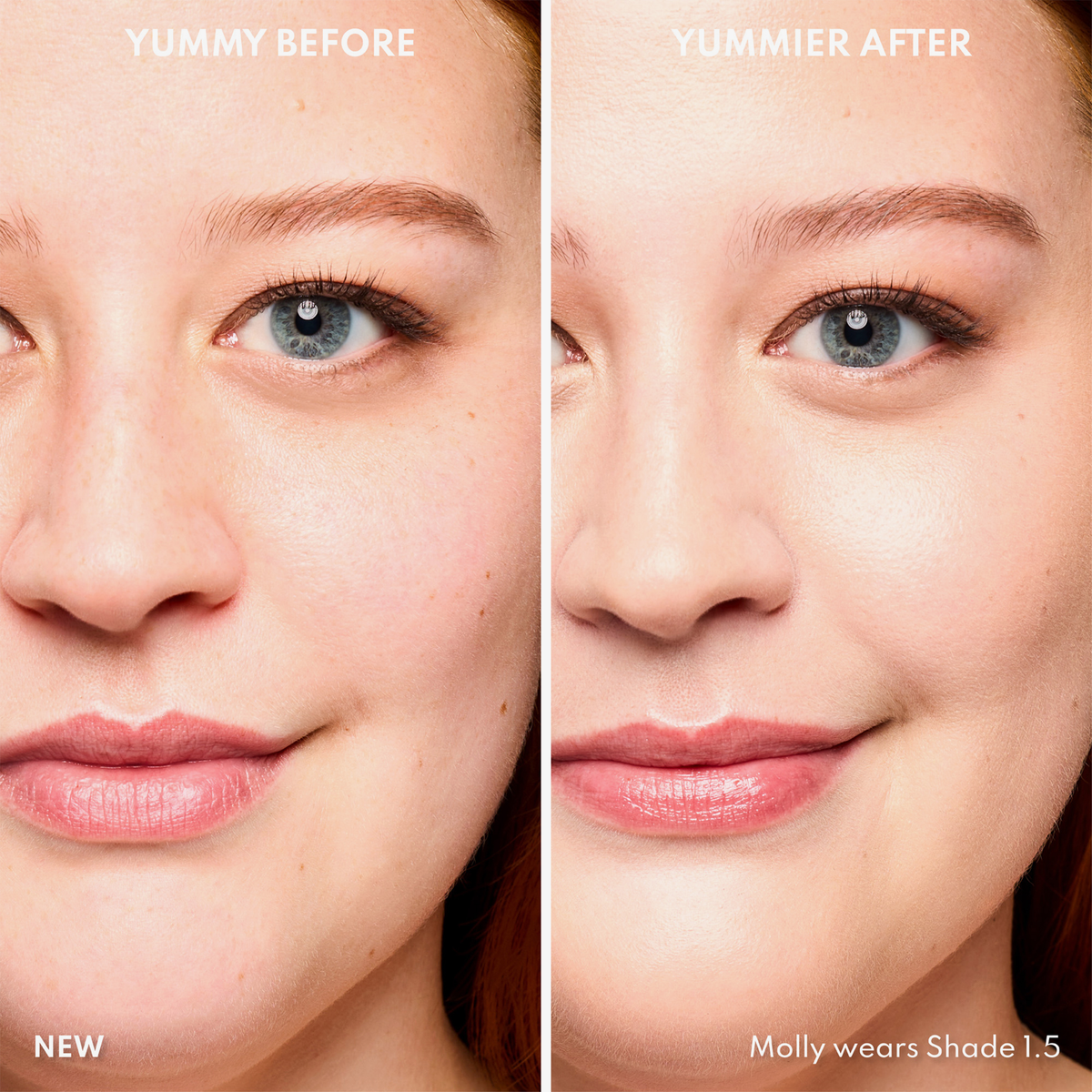 Vorher-Nachher-Bild einer Frau mit hellem Hautton nach Anwendung des Yummy Skin Serum Tint 1.5 – sichtbar ebenmäßiger Teint.