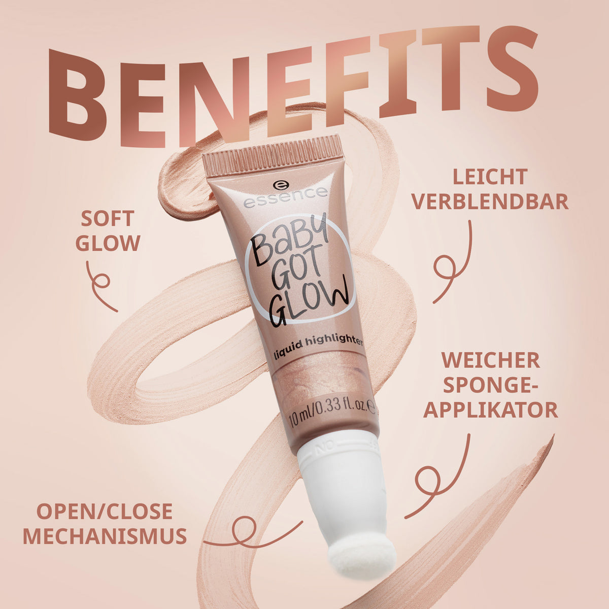 Vorteile der BABY GOT GLOW liquid highlighter auf beigem Hintergrund.