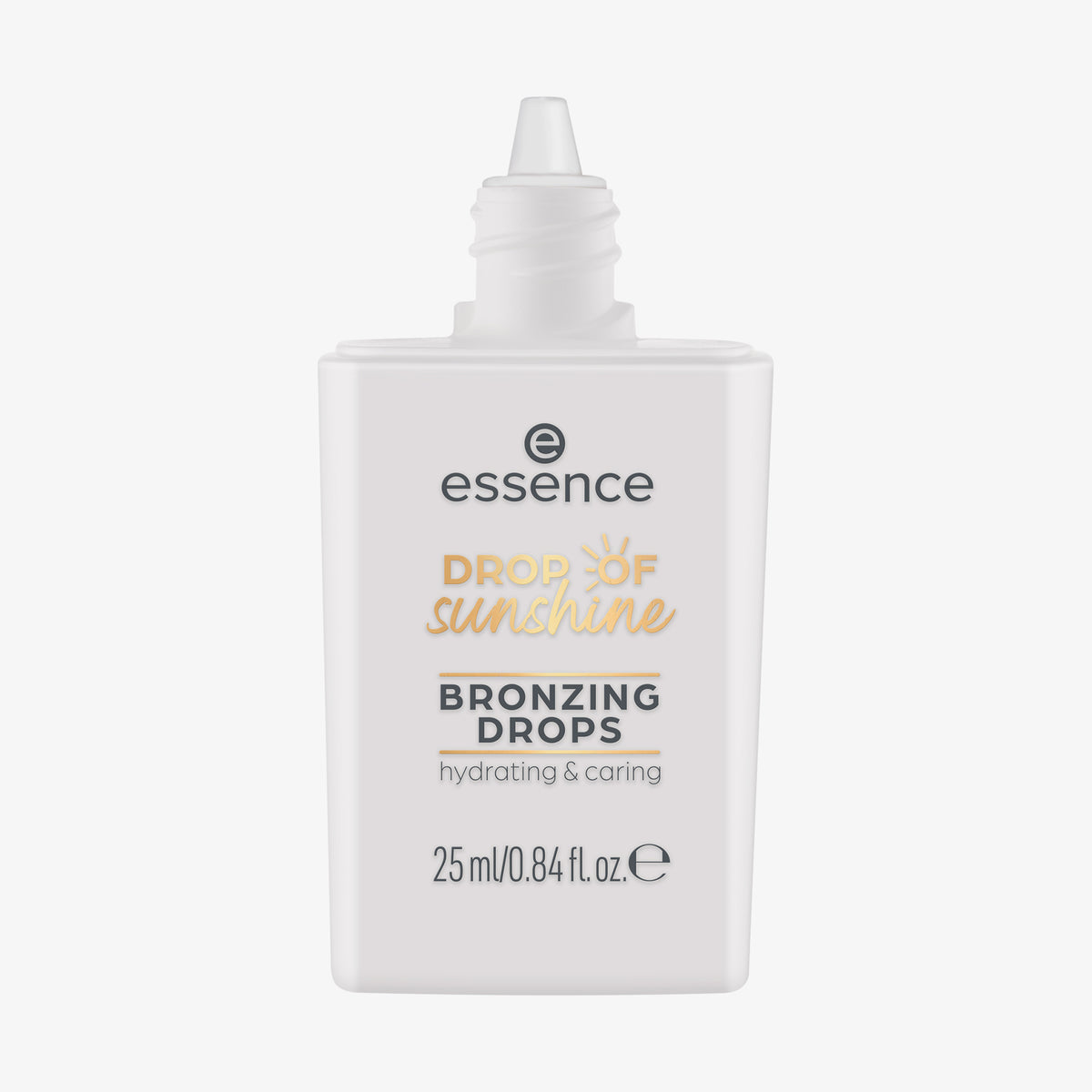 Offene weiße Flasche DROP OF sunshine BRONZING DROPS mit Drehverschluss vor weißem Hintergrund.