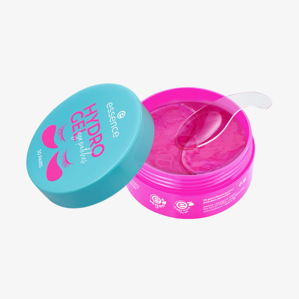 Geöffneter pinker Tiegel Essence HYDRO GEL Eye Patches 30 Pairs mit blauem Deckel, transparentem Applikator und pinken Gel-Augenpads.