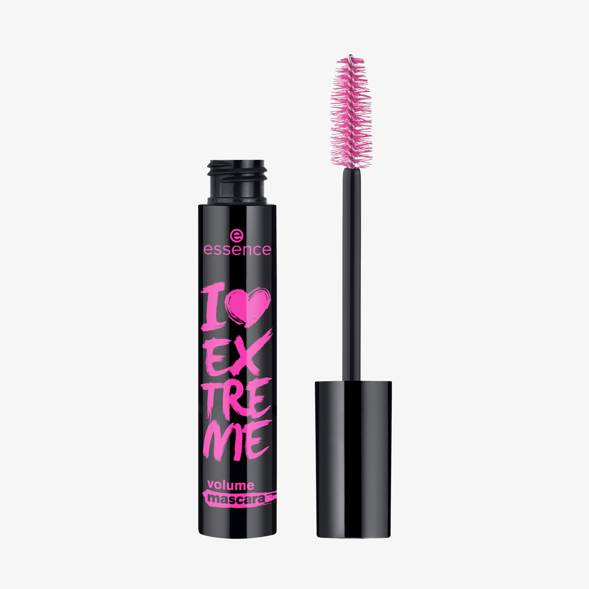 Eine schwarze Tube I LOVE EXTREME Volume Mascara 01 mit der daneben abgebildeten pinken Bürste.