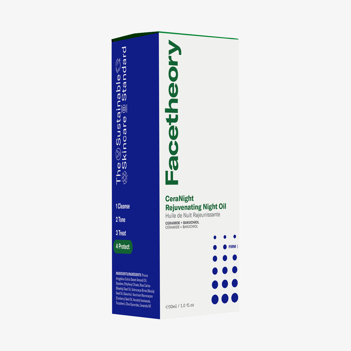 Weiße Produktverpackung des Facetheory CeraNight Rejuvenating Night Oil mit grüner und blauer Aufschrift und Pflegehinweisen, 30 ml.