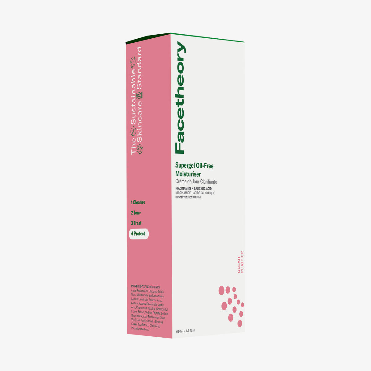 Rosa-weiße Verpackung des Supergel Oil-Free Moisturiser mit grünem Text vor weißem Hintergrund.