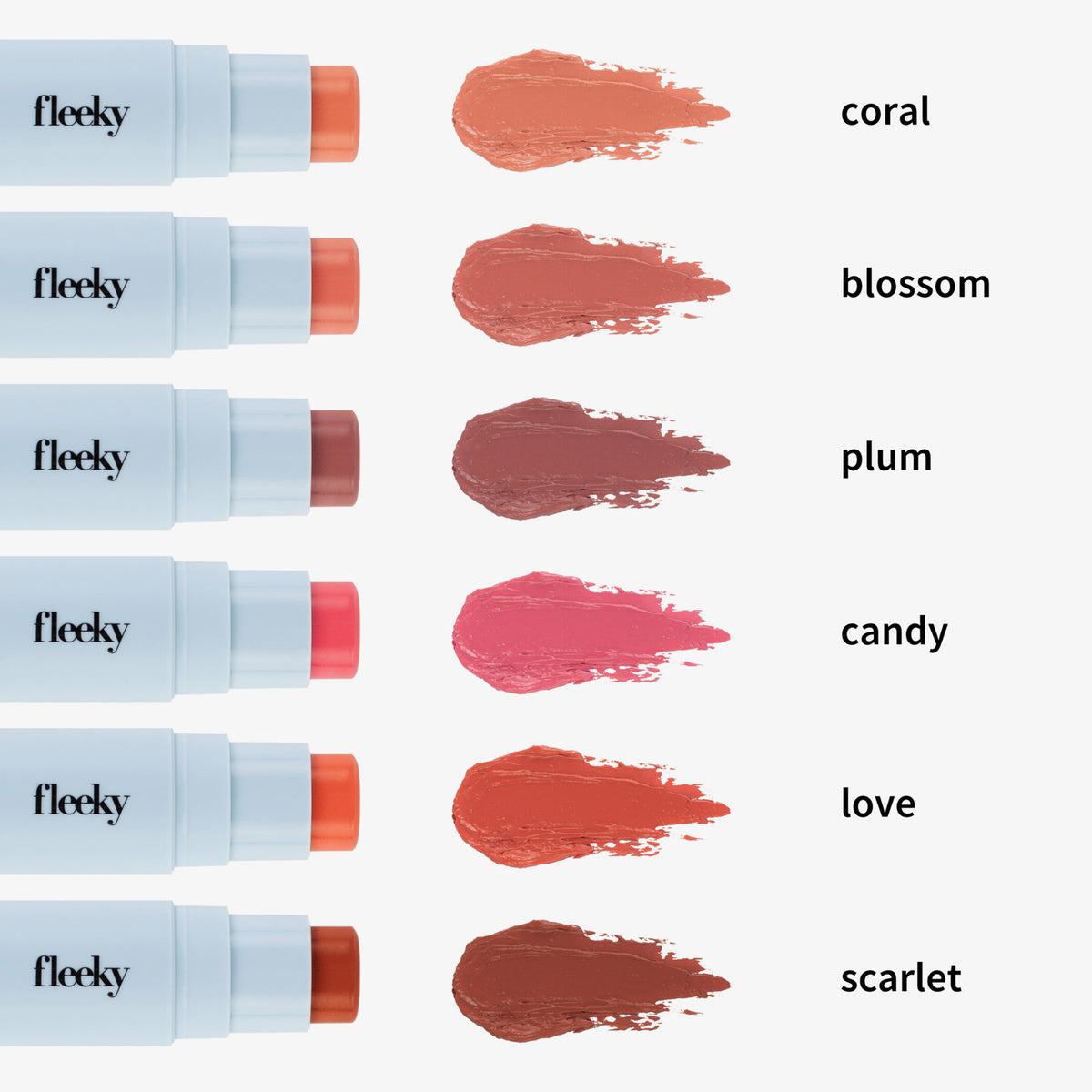 Swatches der sechs Farben des Blush Stick - 2-in-1 Creme Rouge mit Pinsel auf weißem Hintergrund.