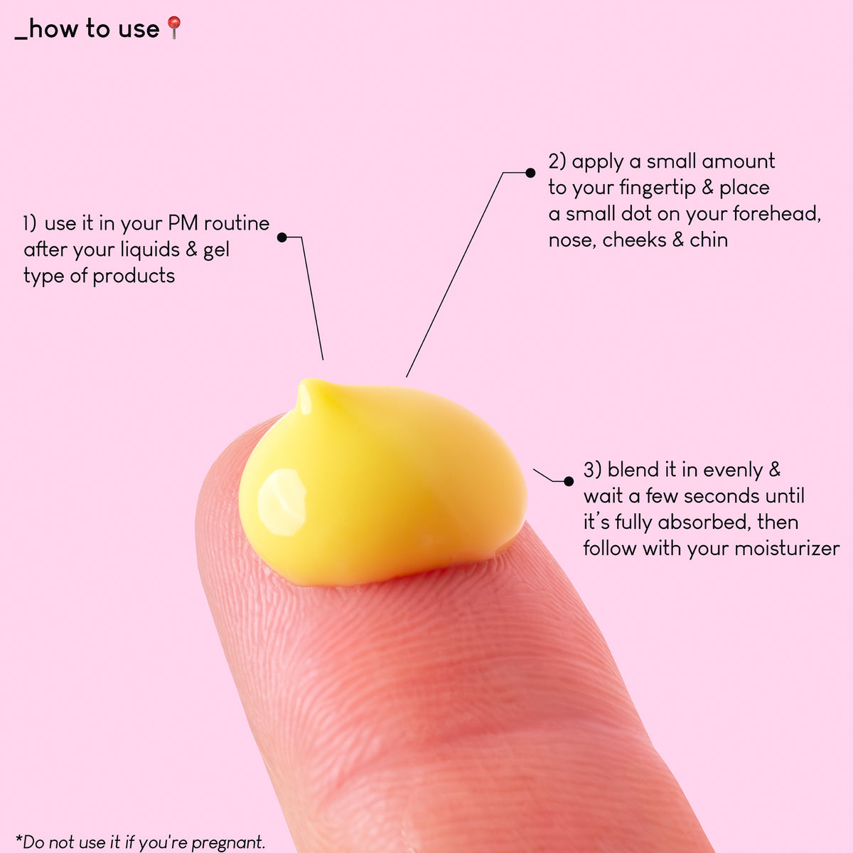 Eine Fingerspitze mit einem gelben Cremetropfen A-Game 5; daneben Gebrauchsanweisungen auf rosa Hintergrund.