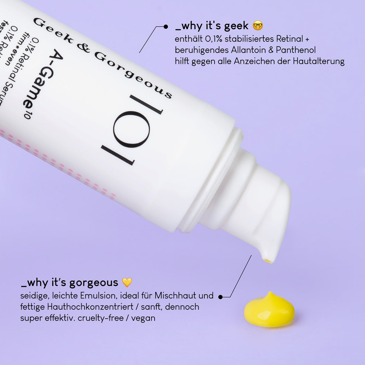 Eine Tube A-Game 10-Serum mit einem Klecks gelber Creme auf violettem Hintergrund mit Infos zu Inhaltsstoffen und Vorteilen.