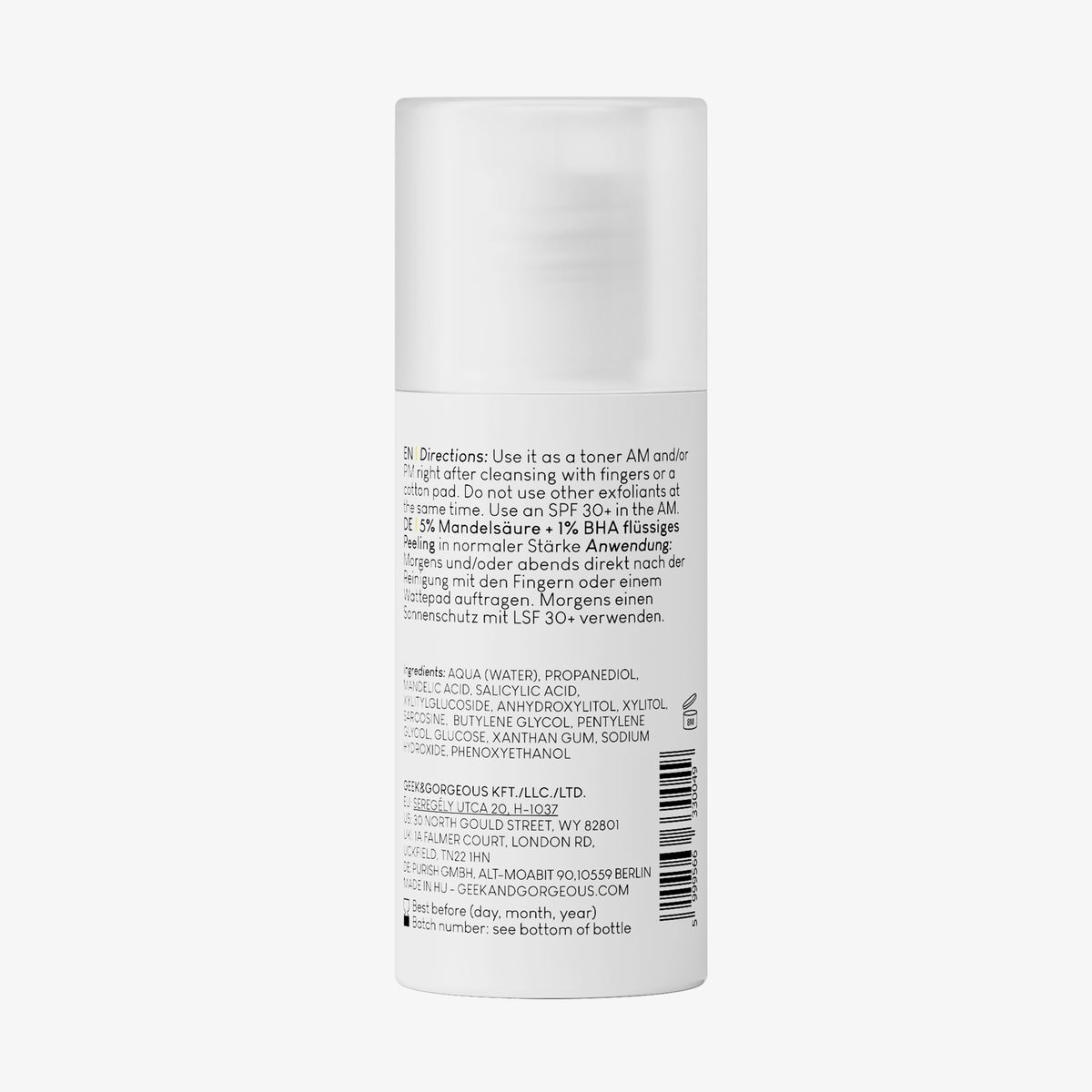 Rückansicht der weißen Flasche Cheerup 30 ml von Geek & Gorgeous vor weißem Hintergrund.