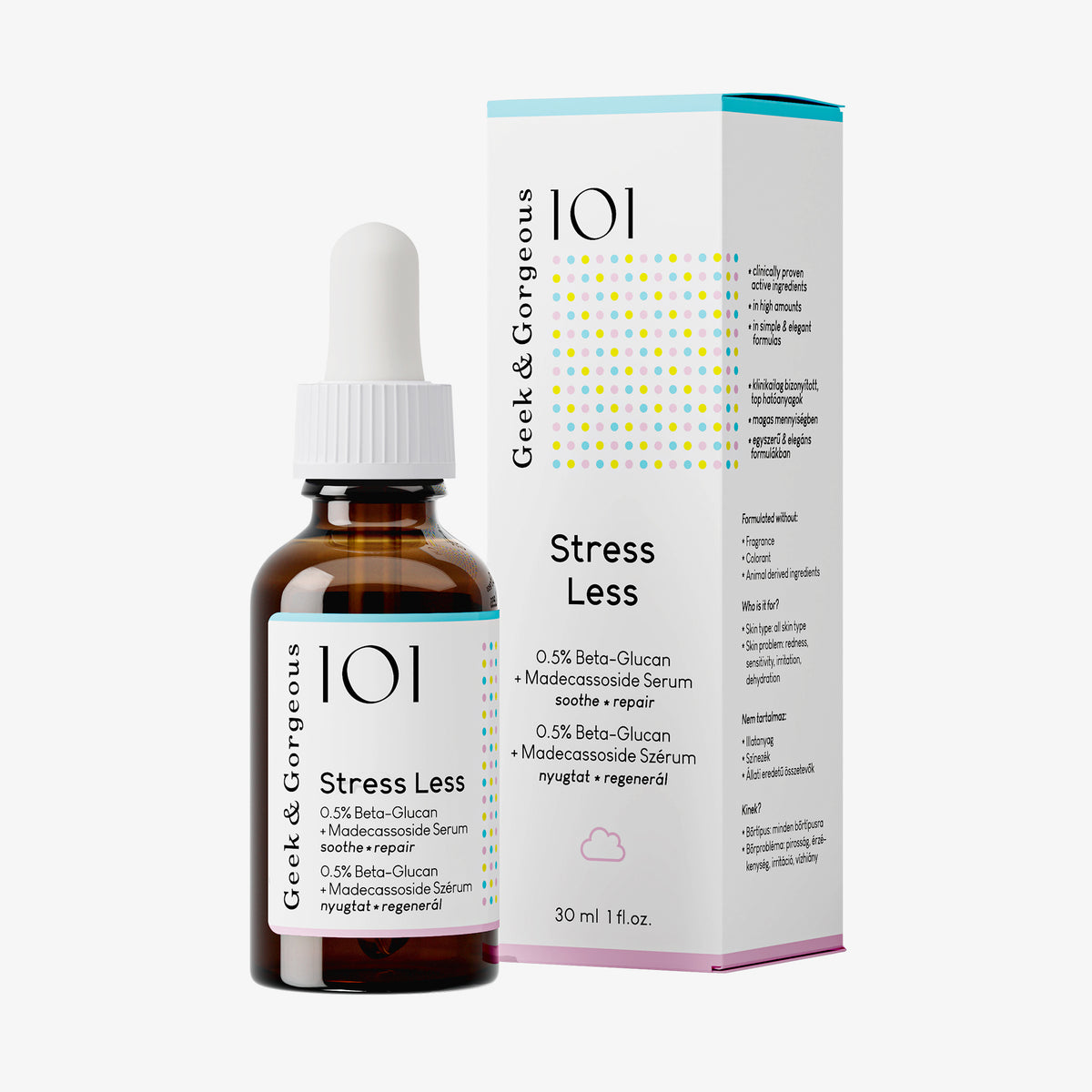 Braune Serumflasche Stress Less mit weißem Deckel neben weißer Verpackung mit bunten Punkten vor weißem Hintergrund.