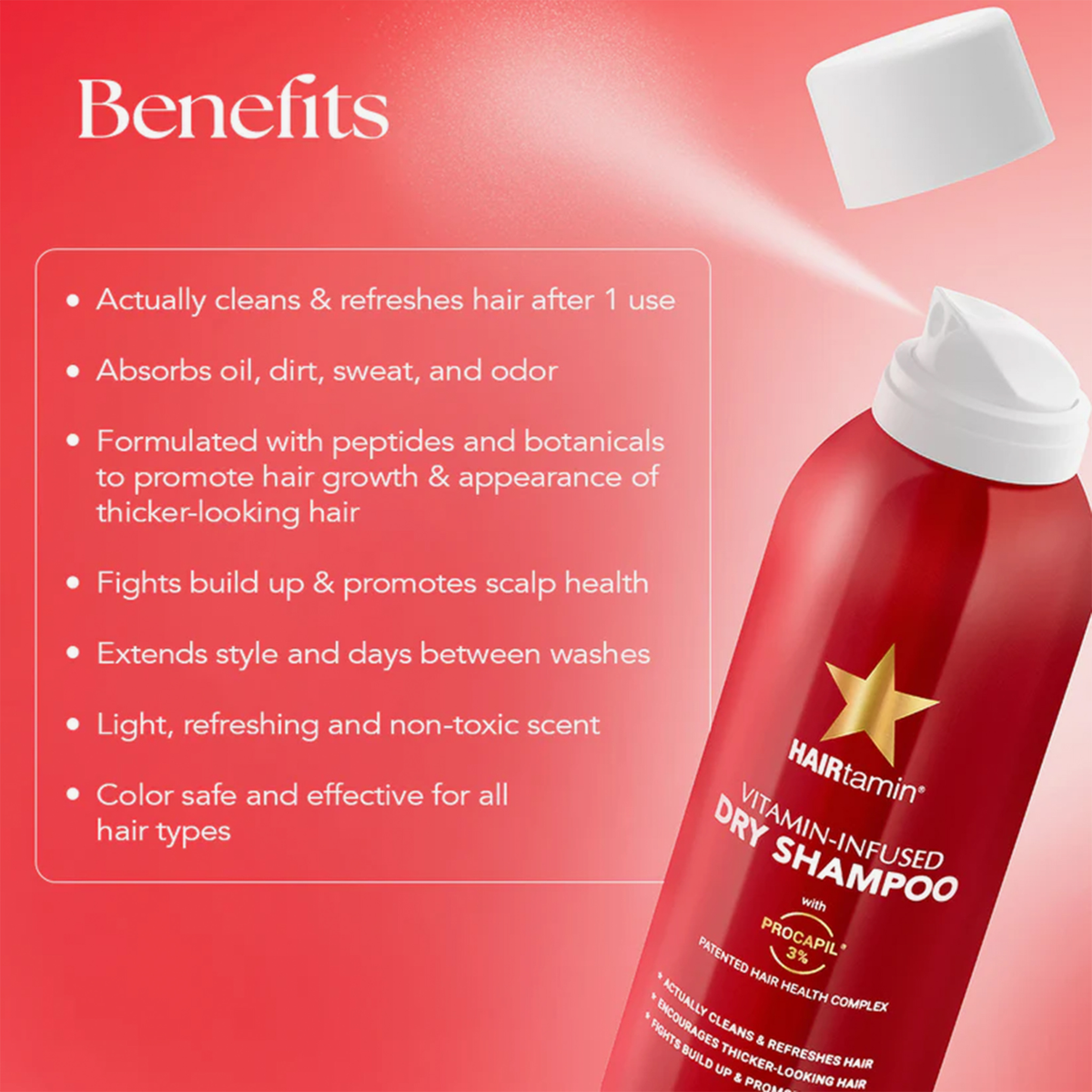 Rote Dose Peptide Dry Shampoo mit einer Liste seiner Vorteile auf rosa Hintergrund.