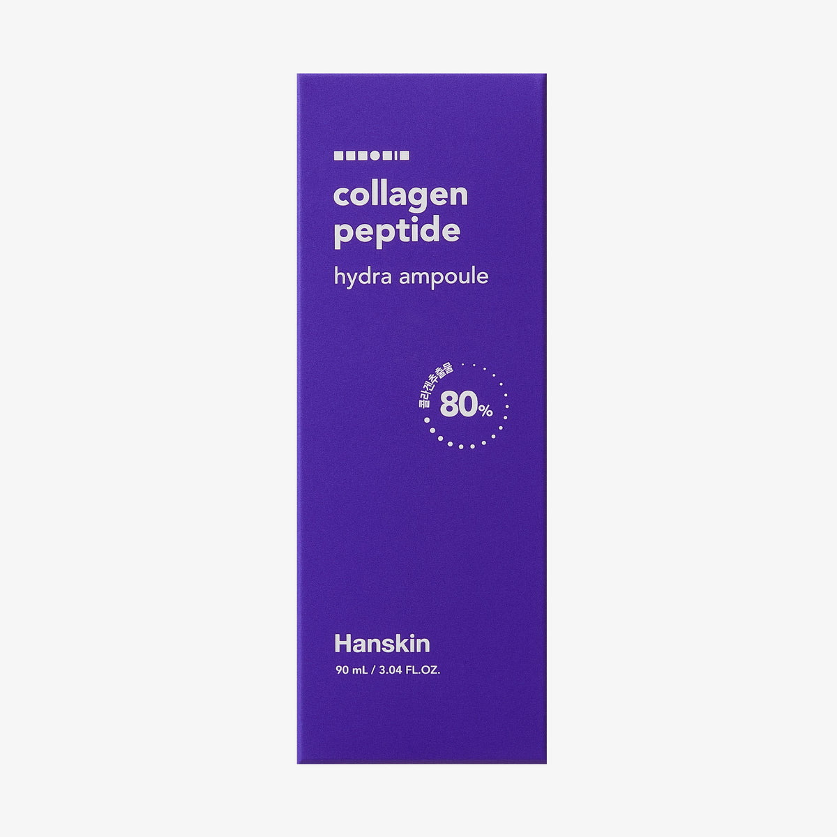 Lila Verpackung der Collagen Peptide Hydra Ampoule von Hanskin mit weißem Text auf weißem Hintergrund.