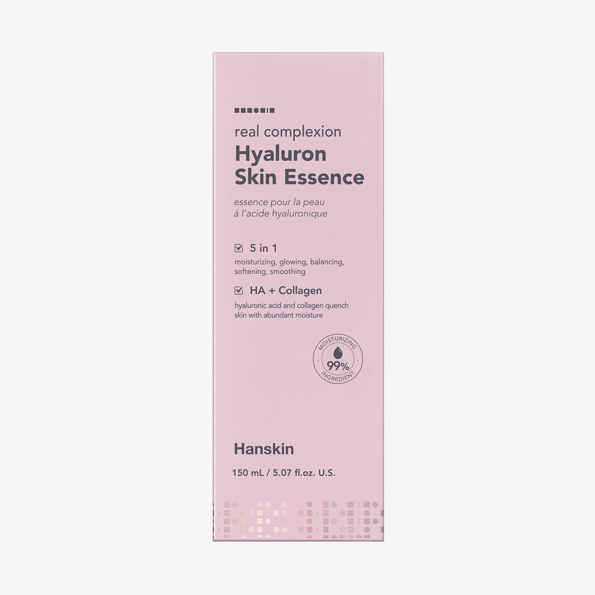Rosafarbene Schachtel Real Complexion Hyaluron Skin Essence mit Produktdetails in grauer Schrift.