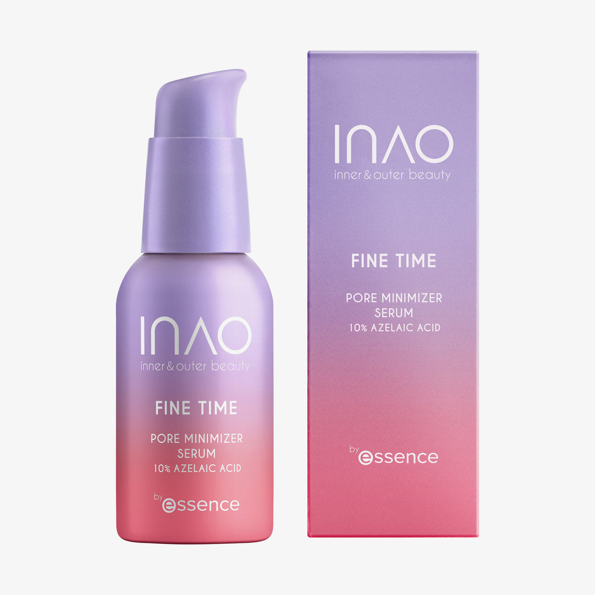 Lila-rosa Flasche und Schachtel des Fine Time Pore Minimizer Serum von INAO.
