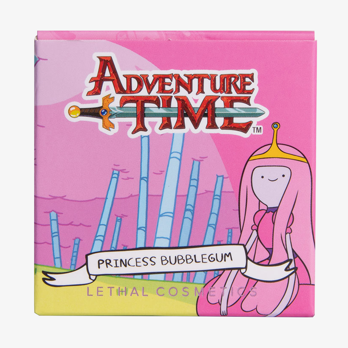 Pinke Verpackung des Lethal Cosmetics Adventure Time Blush Princess Bubblegum mit Abbildung des Charakters.
