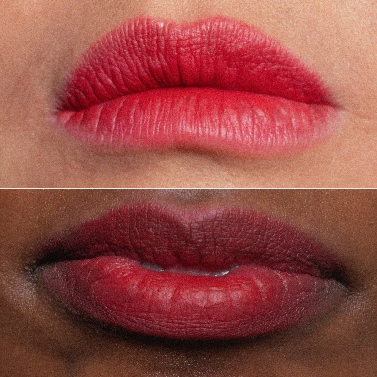 Nahaufnahme von zwei Lippenpaaren mit dem roten Lippenstift Biggie von LH Cosmetics, die auf verschiedenen Hauttönen übereinander abgebildet sind.