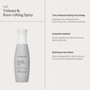Graue Flasche Living Proof Full Volume & Root-Lifting Spray; daneben Vorteile der enthaltenen Inhaltsstoffe.