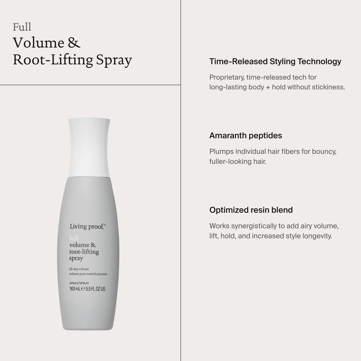 Graue Flasche Living Proof Full Volume & Root-Lifting Spray; daneben Vorteile der enthaltenen Inhaltsstoffe.