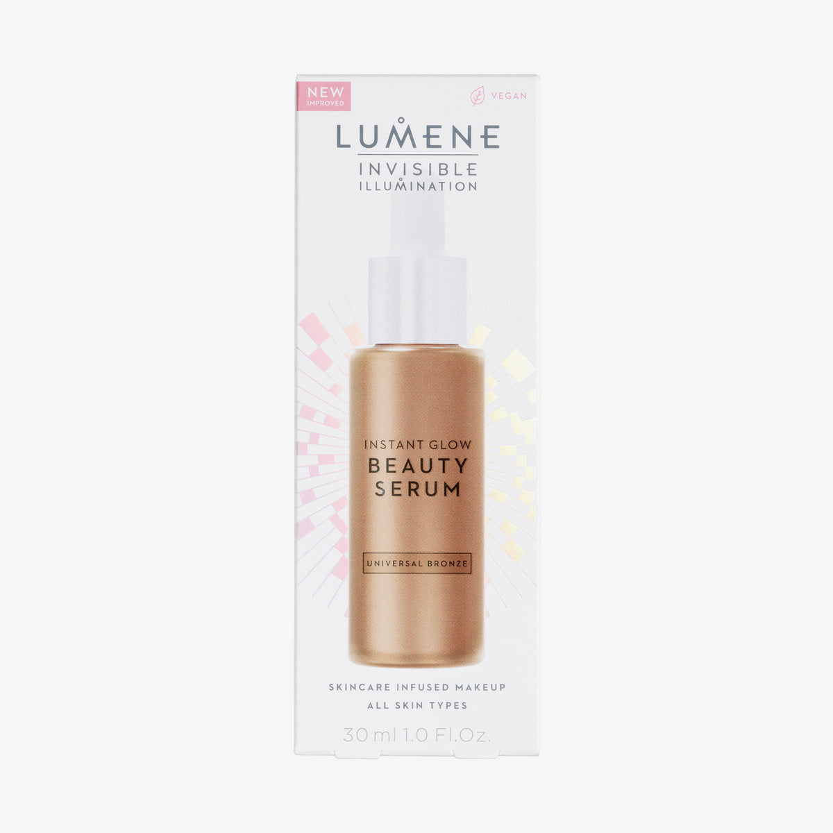 Verpackung des Lumene INVISIBLE ILLUMINATION Glow Beauty Serum in Universal Bronze mit Produktbild und Text auf weißem Hintergrund.
