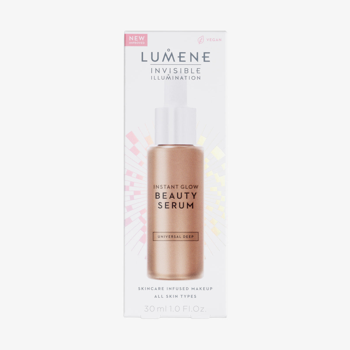 Verpackung des Lumene INVISIBLE ILLUMINATION Glow Beauty Serum in Universal Deep mit Produktbild und Text auf weißem Hintergrund.