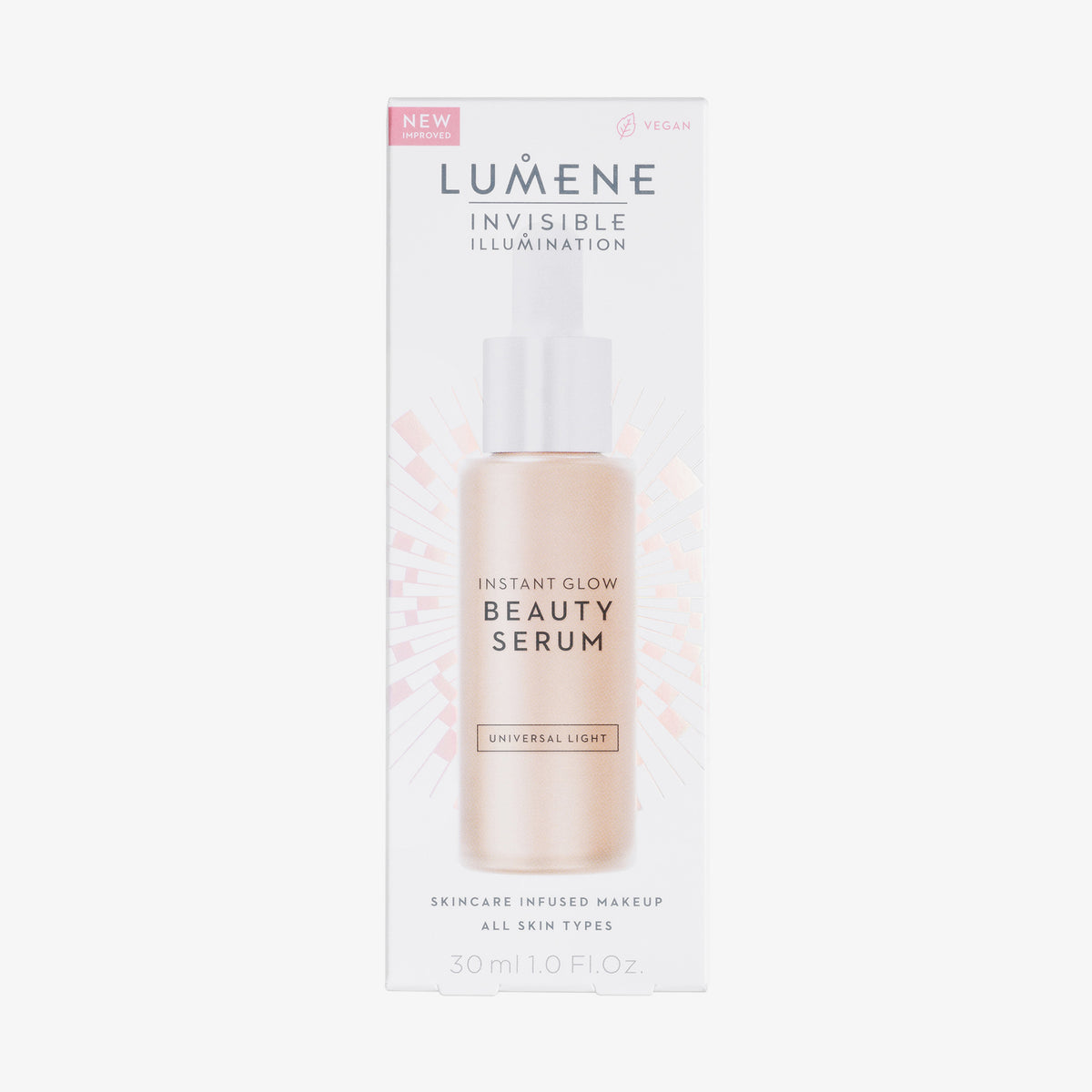 Verpackung des Lumene INVISIBLE ILLUMINATION Glow Beauty Serum in Universal Light mit Produktbild und Text auf weißem Hintergrund.