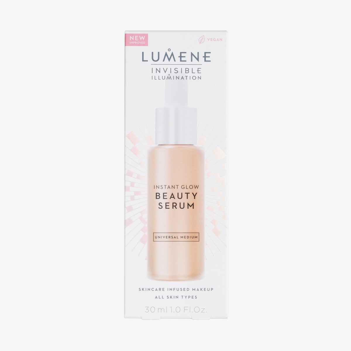 Verpackung des Lumene INVISIBLE ILLUMINATION Glow Beauty Serum in Universal Medium mit Produktbild und Text auf weißem Hintergrund.
