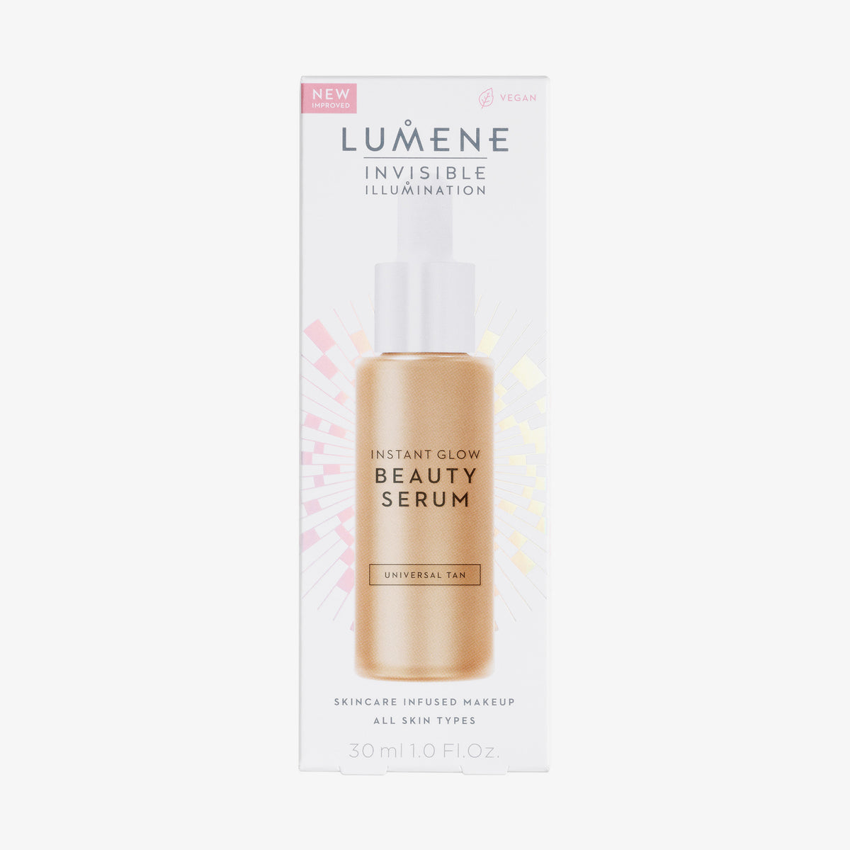 Verpackung des Lumene INVISIBLE ILLUMINATION Glow Beauty Serum in Universal Tan mit Produktbild und Text auf weißem Hintergrund.