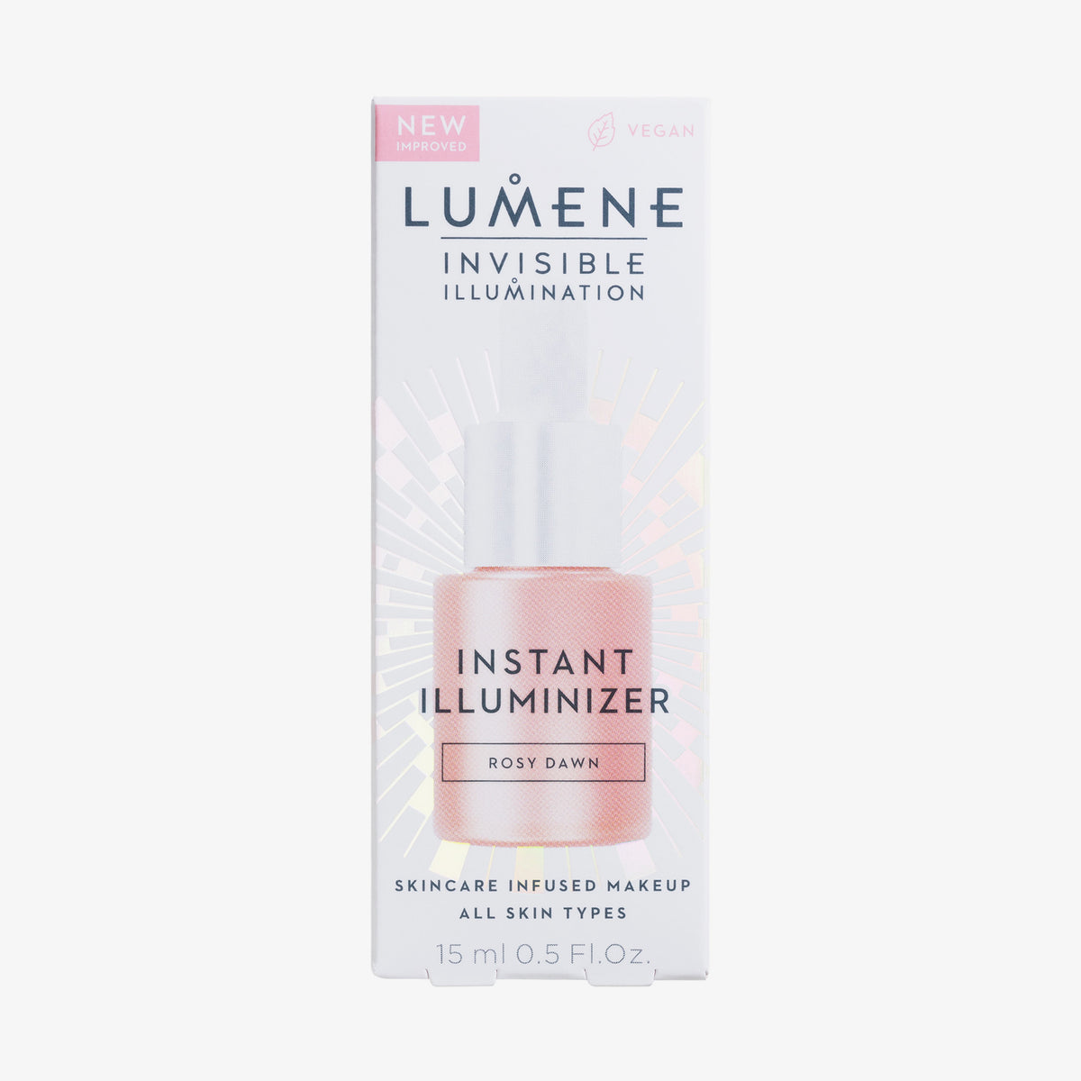 Verpackung des Lumene INVISIBLE ILLUMINATION Illuminizer, in der Farbe Golden Hour (Champagner) mit Abbildung des Flasche.