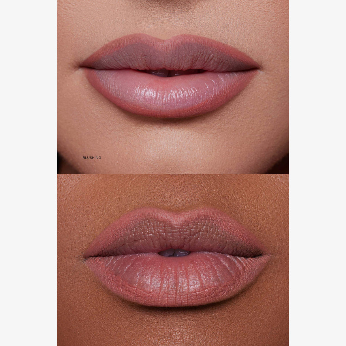 Zwei Nahaufnahmen von Lippen mit dem Lunar Beauty Lip Pencil in einem matten Nude-Ton auf verschiedenen Hauttönen.
