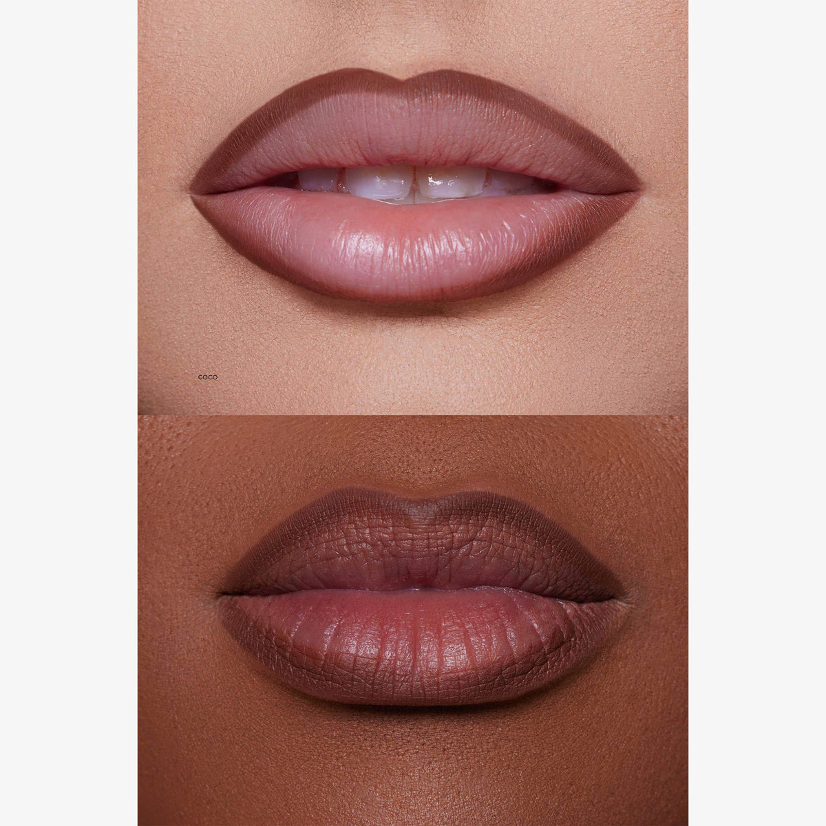 Nahaufnahme von zwei Lippenpaaren, die jeweils Lunar Beauty Lip Pencil in natürlichen Nude-Tönen auf unterschiedlichen Hauttönen tragen.