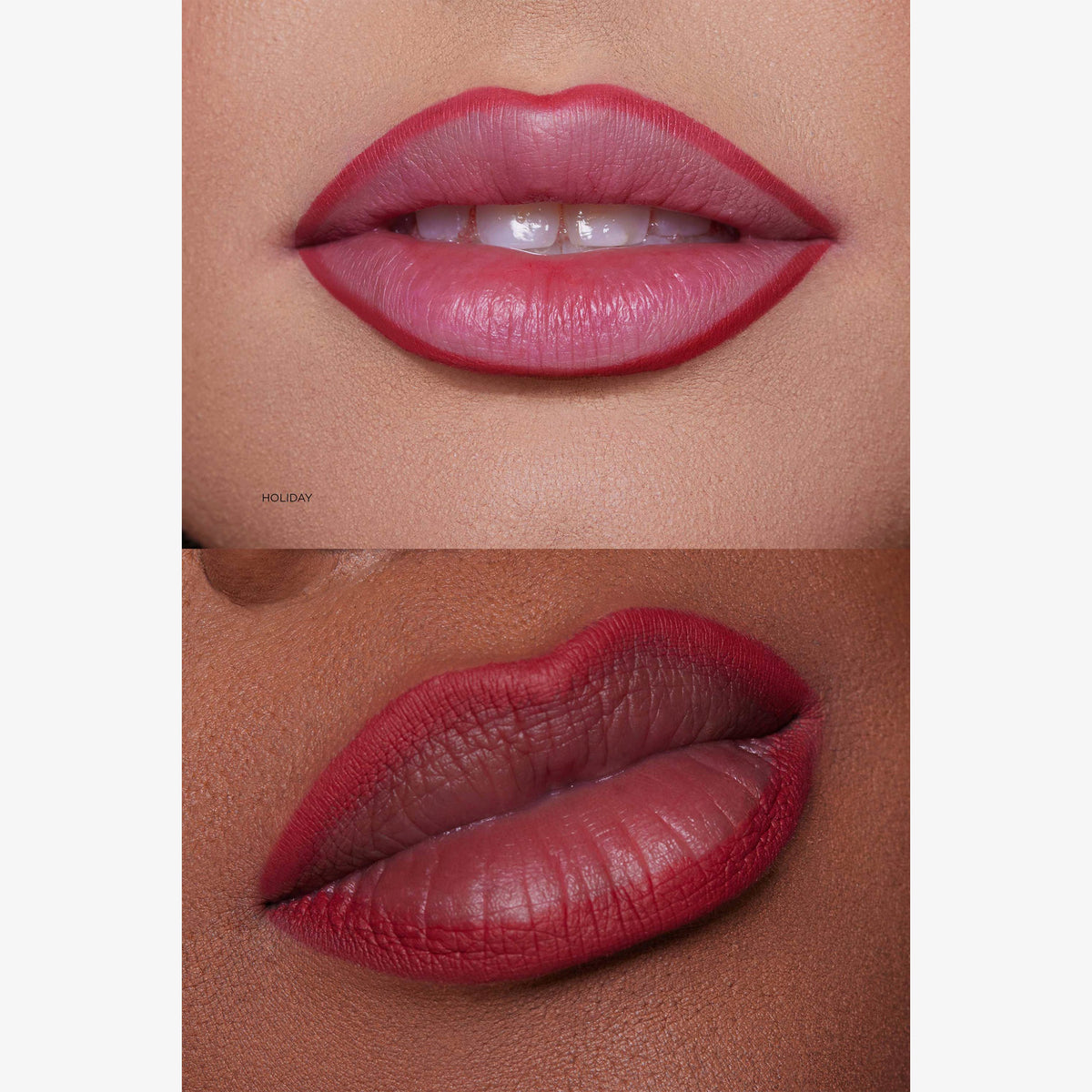 Zwei Nahaufnahmen von Lippen in verschiedenen Hauttönen, die jeweils den Lunar Beauty Lip Pencil tragen.