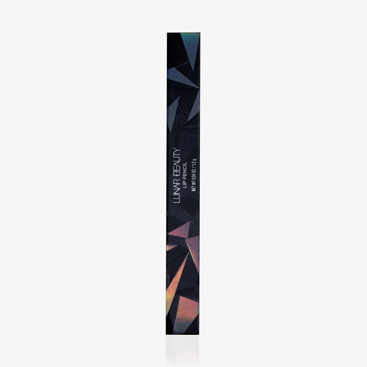 Rechteckige Lunar Beauty Lip Pencil Box mit einem dunklen geometrischen Design auf weißem Hintergrund.
