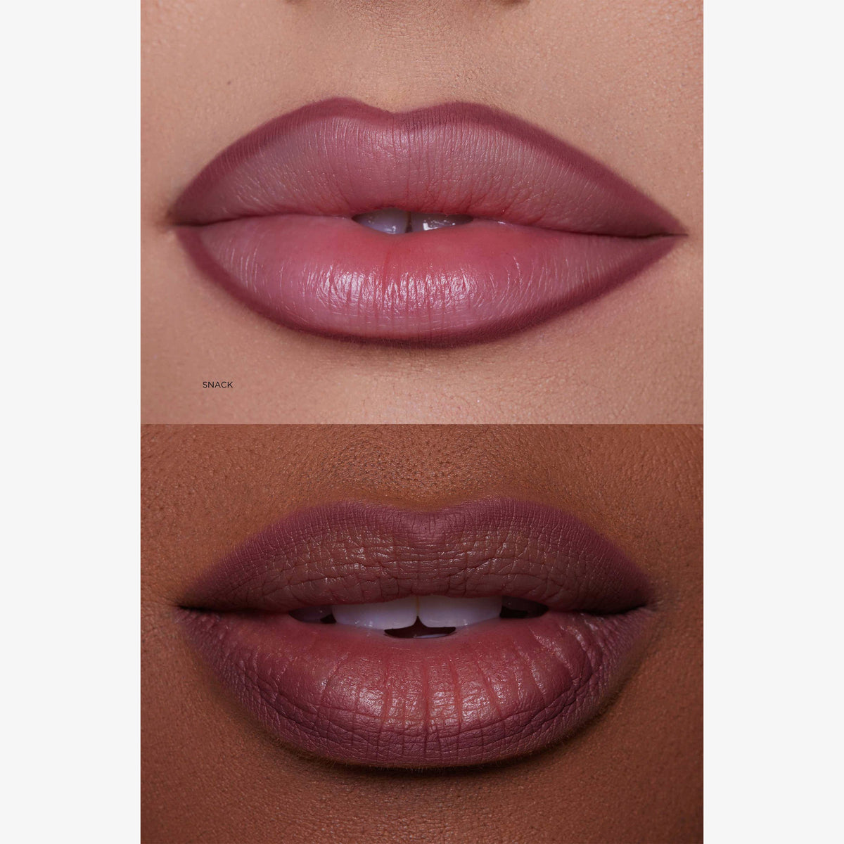 Nahaufnahme von zwei Lippenpaaren mit unterschiedlichen Hauttönen, die beide den Lunar Beauty Lip Pencil in der Farbe Snack tragen.