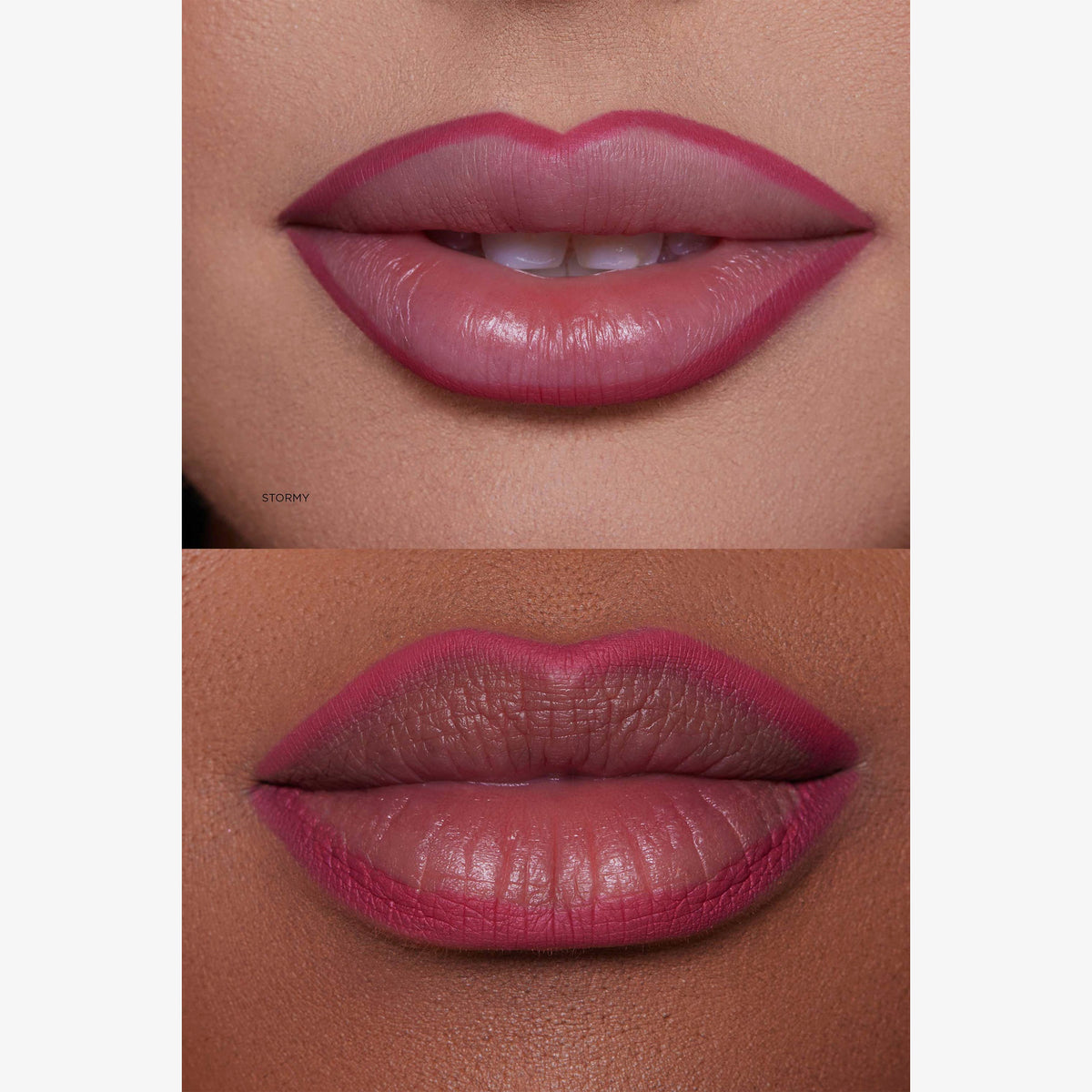 Zwei Nahaufnahmen von Lippen mit unterschiedlichen Hauttönen tragen den Lunar Beauty Lip Pencil in der Farbe Stormy.