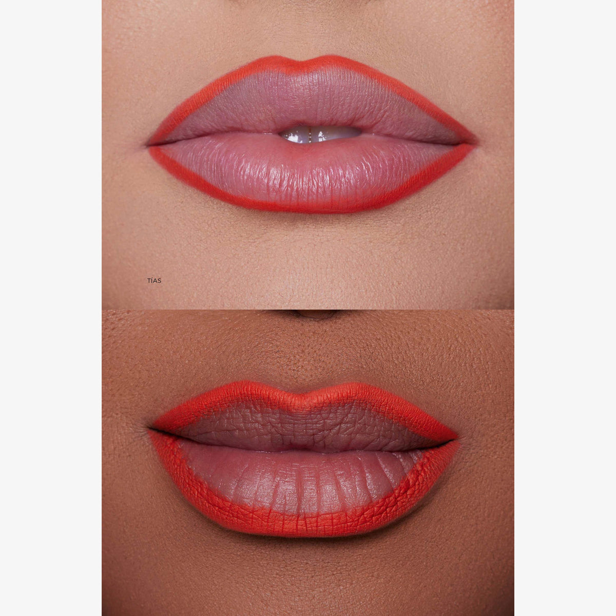 Zwei Nahaufnahmen von Lippen mit verschiedenen Hauttönen tragen den Lip Pencil von Lunar Beauty in der Farbe Tias.