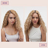 Vergleich der Haare einer Frau vor und nach der Anwendung von maria nila Dry Shampoo zeigt voluminösere mattierte Locken nachher.