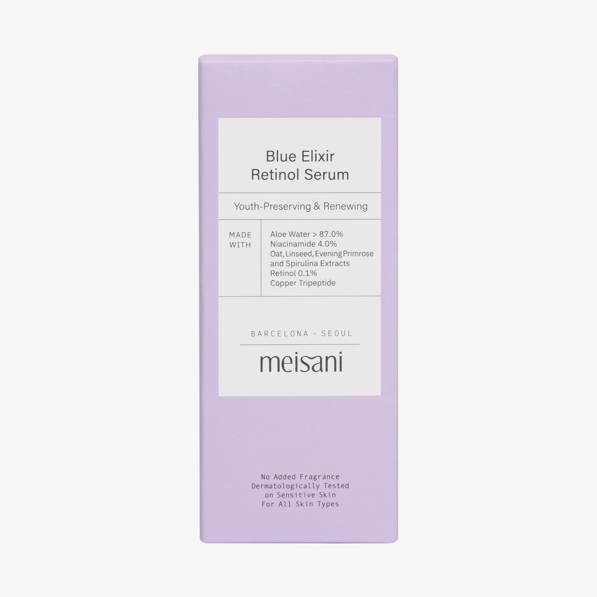 Lavendelfarbene Schachtel mit Meisani Blue Elixir Retinol Serum mit Produktdetails und Inhaltsstoffen auf der Vorderseite.