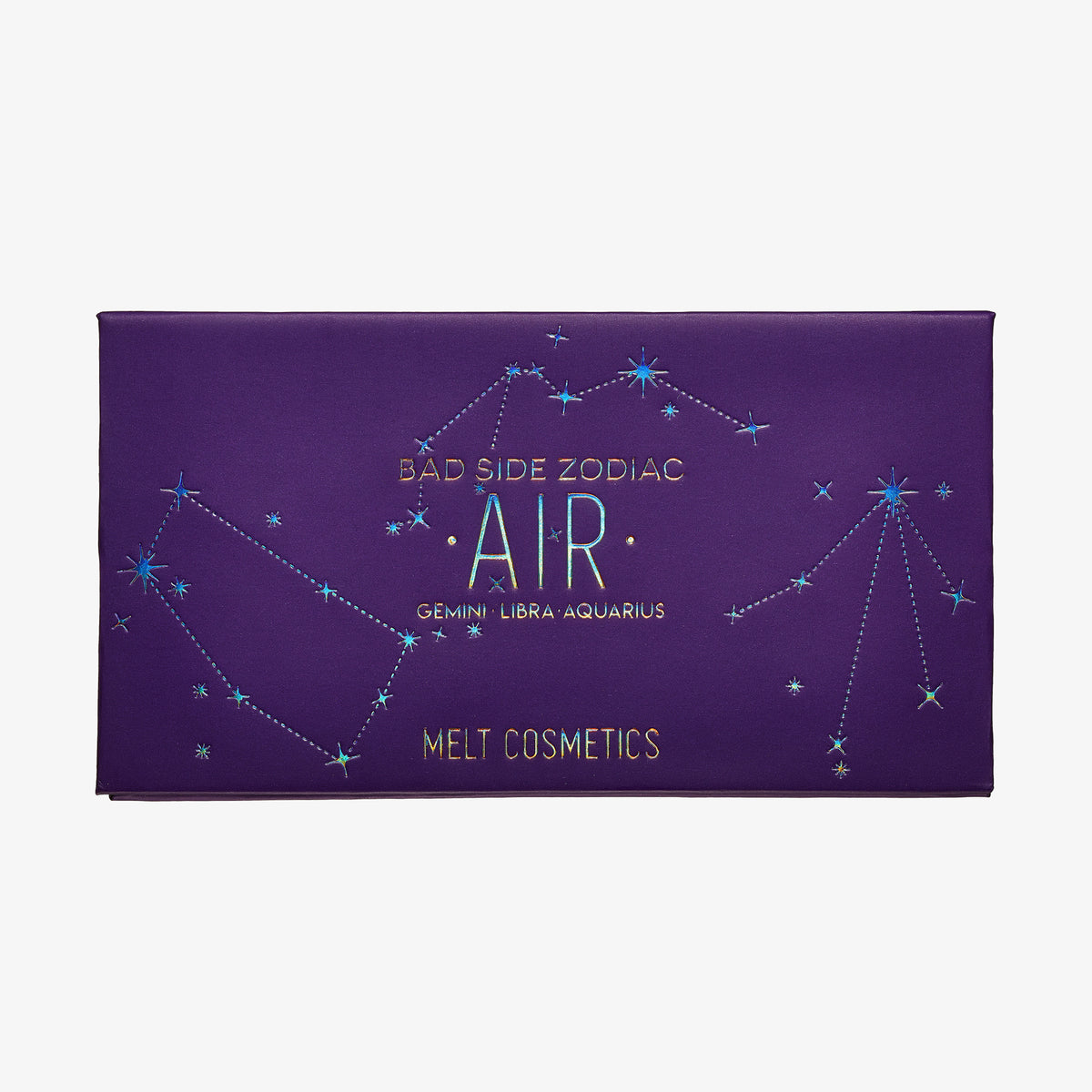 Eine violette Bad Side Zodiac Lidschattenpalette von Melt Cosmetics zeigt Sternbild-Designs.